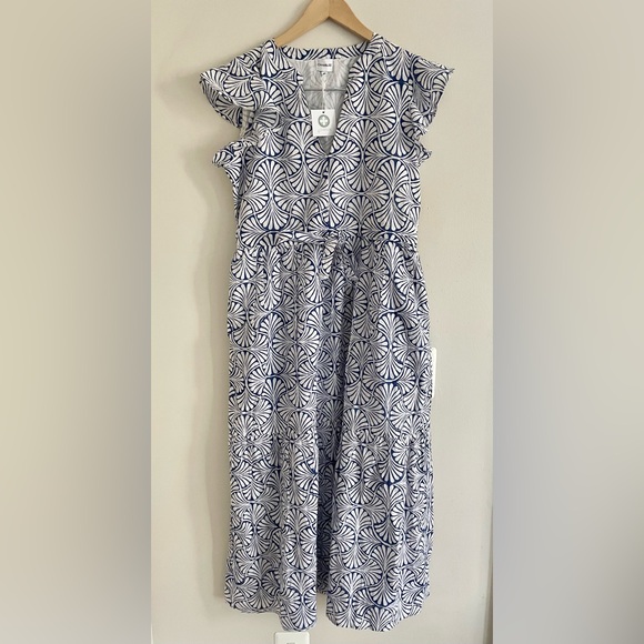 NWT-Charleston Shoe Company Aubrey Maxi Dress Blue and White Ruffle Sleeves Sz M - Picture 1 of 14